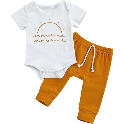 Two Piece Toddler Baby Girl’s Clothes Cartoon Sunrise Print Short Sleeve Romper And Solid Color Long Pants Childrens Clothing