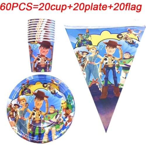 Disney Toy Story Theme Party Supplies Banner/Flags Cups Plates Cartoon Birthday Disposable Tableware Set 60pcs For 20 Person use