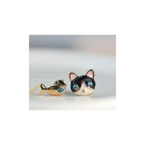 2015 new Korean women fine fashion jewelry wholesale lovely small cat and fish asymmetrical earrings free shipping
