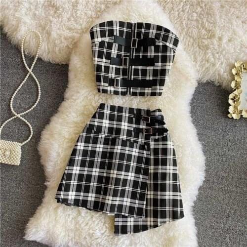 2021 Summer New Style Womens Korean Nightclub Sexy Tube Top Slim Plaid Crop Top + High Waist Short Skirt Plaid Two-piece Suit