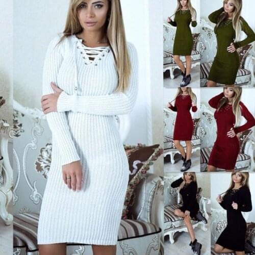 Women Autumn Winter V-Neck Long Sleeve Knit Bodycon Sweater Mini Dress Female Warm Party Dresses Ladies Clothing Femme Vestdiaos