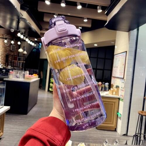 Portable Transparent Water Bottle 2L Large Capacity Outdoor Water Bottle With Bounce Cover Time Scale Reminder for SportsFitness