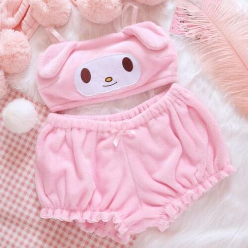 Fluffy Pajamas Set Velvet Tube Top and Panties Set Girl Fuzzy Anime Cosplay Ear Bunny Bra Lingerie Cartoon Underwear Sleepwear