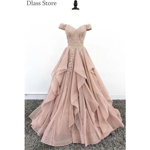 Dusty Pink Prom Dress Off Shoulder Sequin Applique A-line V-neck Tiered Tulle Floor Length Evening Dress платья знаменитостей