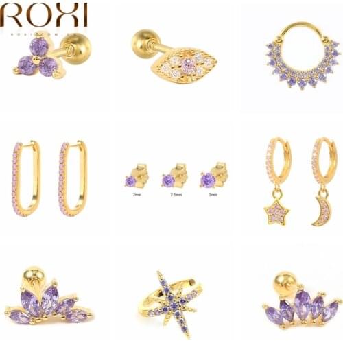 ROXI 925 Sterling Silver Earrings For Women Geometric Purple Zircon Ear Piercing Stud Earrings Jewelry Fine Jewelry Pendientes