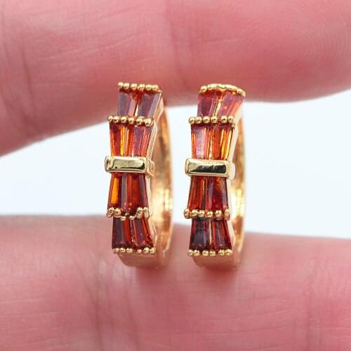 Gold Color Women Fashion Red Cubic Zirconia CZ Bowknot Huggie Hoop Earrings Jewelry