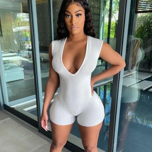 SEASONS Sleeveless Deep V Solid Bodycon Ribbed Ruched Sexy Playsuit Summer Women Fashion Streetwear Outfits Romper ASJU83078