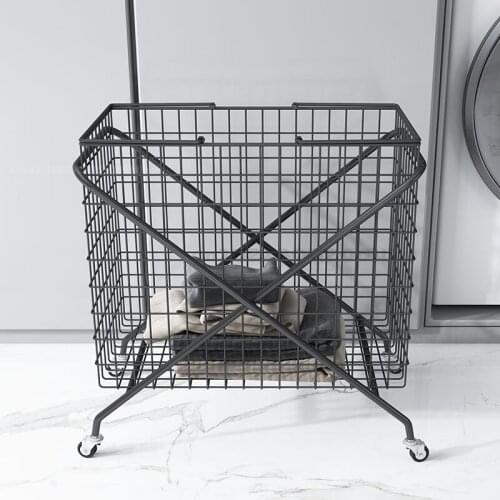 Nordic Wheeled Iron Dirty clothes hamper Multi-function Bathroom Dirty Clothes Basket Laundry Trolley Grid Design
