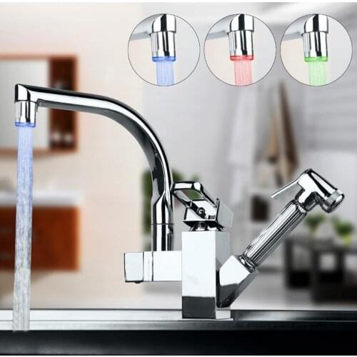 Kitchen faucet mixer tap hot and cold,Rotated kitchen sink basin faucet pull down LED, Copper stretched dish basin faucet chrome