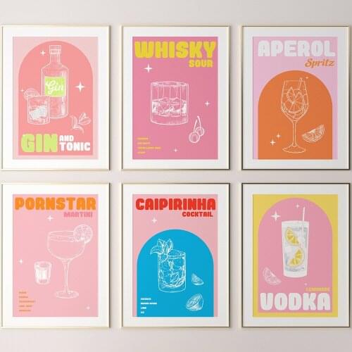 Vintage Cocktail Liquor Drink Canvas Painting Wine Kitchen Posters and Prints Colorful Wall Art Picture for Restaurant Bar Decor