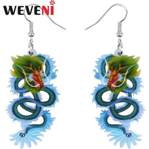 WEVENI Acrylic Cute Blue Dragon Chinese Long Wings Earrings Fashion Big Drop Dangle Charms Gifts Jewelry For Women Girls Teens