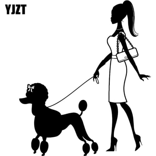 YJZT 11.9CM*14CM Pretty Woman Walking Dog Fashion Car Vinyl Decal Stickers Black/Silver C10-00270