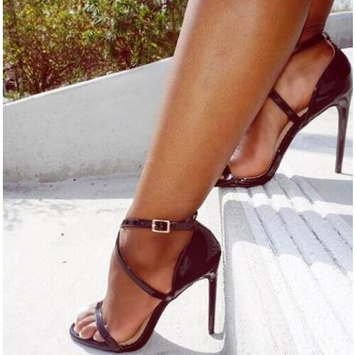 Moraima Snc Sexy Open Toe Woman Sandal Black Patent Leather Thin Heels Dress Shoes Ankle Strap Gladiator Party Shoes