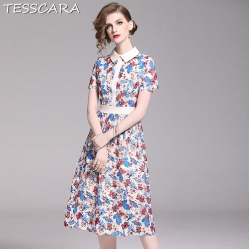 TESSCARA Women Summer Luxury Lace Dress Shirt Female Elegant Office Party Robe Femme Designer High Quality Flower Girl Vestidos