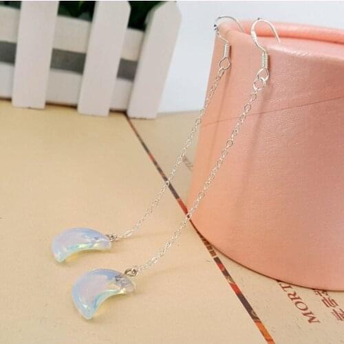 Classic Style Silver Plated Crescent Moon Opalite Opal Drop Earrings for Women Jewelry