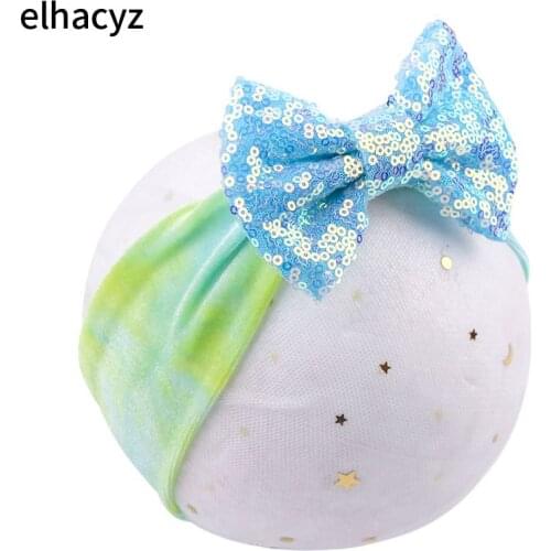 1PC Tie-dyed New Chunky 4" Glitter Sequins Hair Bow Elastic Velvet Headband Trendy Fashion Kids Headwear DIY Hair Accessories