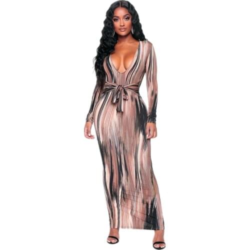 2021 New Woman Night Club Slim Dress Elegant Bodycon Bandage Party Streetwear Print Sexy Maxi Dinner Long Sleeve Tight Dresses