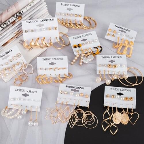 2021New Fashion Statement Imitation Drop Pearl Earrings For Women Vintage Gold Color Metal Hoop Earrings Gift Set Female Jewelry