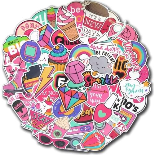 60 Pcs PVC Waterproof Girls Kawaii Pink Fun Sticker Toys Luggage Stickers for Moto Car & Suitcase Cool Fashion Laptop Stickers