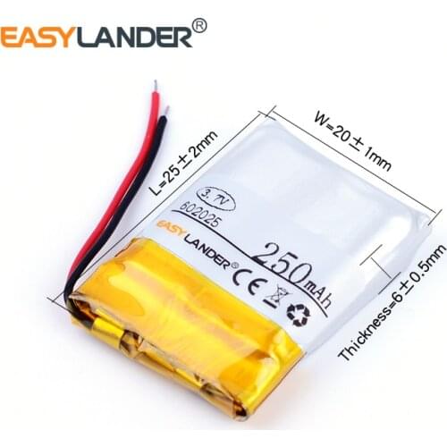 602025 3.7V 250mAh Rechargeable li Polymer Li-ion Battery For mp3 mp4 mp5 gps Speaker Toys voice recorder pen 062025 601924