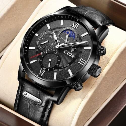 LIGE New Men Watch Waterproof Quartz Mens Watches Chronograph Sport Wristwatch Leather Business Male Clock Black Watch With Box