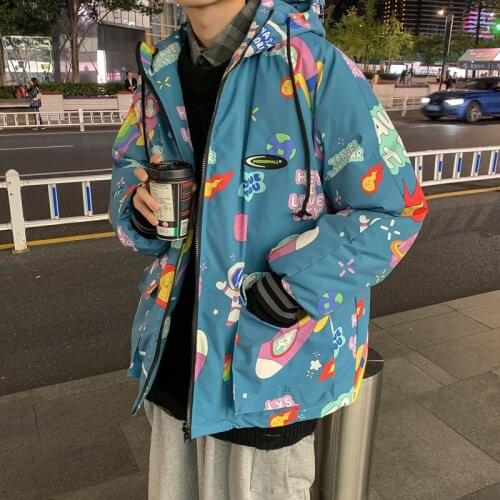 Mens Thick Warm Parkas Coat Loose Graffiti Cartoon Pattern Puffer Coats Plus Size M-5XL Z30