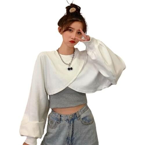 2021 Spring Summer New Women Fake 2 Pieces Casual Short Crop Top T Shirt Set Sexy Ladies Irregular Long Sleeve Solid Tshirts