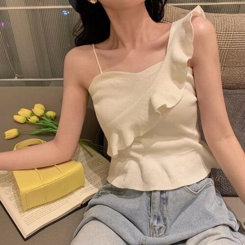 Short top with high waist pants womens single shoulder sleeveless slant shoulder design knitted suspender vest