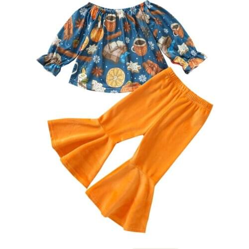 Pudcoco 6M-4T 2Pcs Halloween Festival Costumes Cartoon Pumpkin Cute Off-the-Shoulder Blouse O-Neck Tops+Flare Pants Clothes Sets