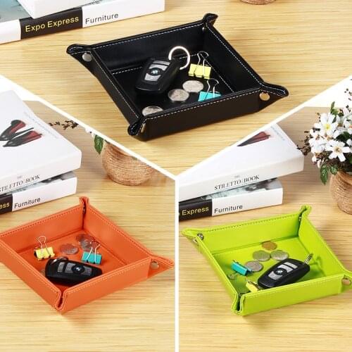 Leather Valet Tray Desktop Storage Organizer, Folding Catchall Trinket Tray for Pen Key Change Coins Wallet Watch Phone Candy