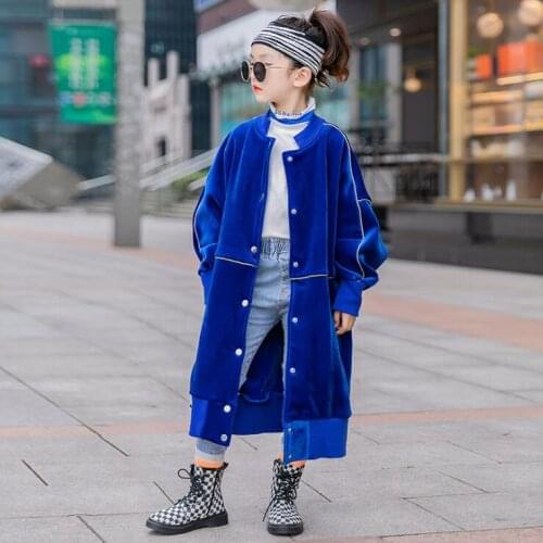 Girls Jacket Autumn Winter Girls Blue Print Golden Velvet Thicken Long Coats Children Top Outfits Kids Clothing