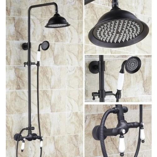 Brass Black Oil Rubbed Bronze Bathroom Rainfall Bath Shower Mixer Tap Faucet Dual Ceramic Handles Wall Mounted ars471