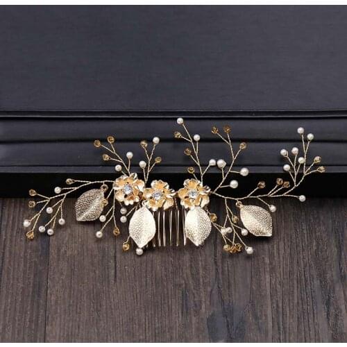 Fashion Golden Leaves Hair Combs For Bride Wedding Head Jewelry Pearl Brides Headdress Accessories Comb for Hair Women Girl