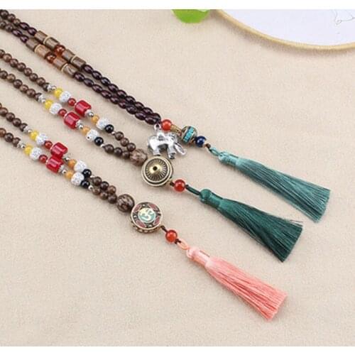 New Retro Ethnic Style Tassel Natural Stone Pendant Wooden Bead Necklace for Women Men Sweater Chain Nepal Gift Souvenir