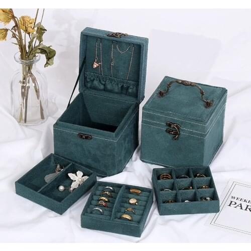 Green 3-Layer Flannel Jewelry Organizer Box Necklaces Earrings Rings Display Holder Case for Women Large Capacity With Lock