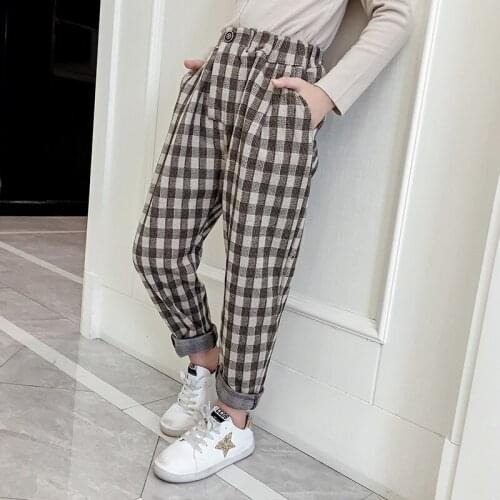 Teen Girls Pants Autumn Winter Casual Woolen Loose Retro Plaid Pants Kids Harem Pants Student Children Trousers 6 8 10 12 Years