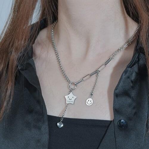 Star Smiley Face Necklace For Women Men Girls 2021 Fashion Stainless Steel Hip Hop Kpop Heart Charm Pendant Necklace For Gf Bf