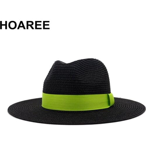 HOAREE Men Women Panama Hat Stylish Black Green Straw Sun Hats British Style Jazz Fedora Summer Beach Brand Trilby Wide Brim Hat