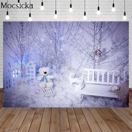 Christmas Winter Snowflakes Photography Backdrops Silver Glitter Twig Cute Bear Children Portrait Backgrounds for Photo Studio
