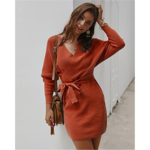 Sexy Woman Sweater Dress Autumn Winter 2020 Korean Casual V-neck Long Sleeve High Waist Slim Was Thin Bag Hip Knit Vestidos XXQ5