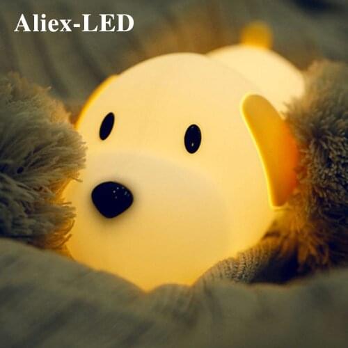 Silicone Chlidren Night Light Cute Dog LED Touch Sensor Lamp Dimmable Timer USB Rechargeable for Kids Baby Bedroom Bedside Lamp