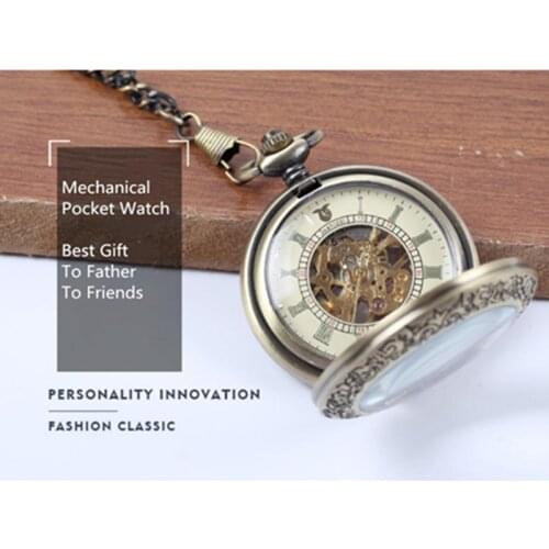 Vintage Watch Necklace Steampunk Skeleton Mechanical Fob Pocket Watch Clock Pendant Hand-winding Men Women Chain Watches Gift