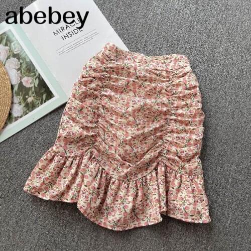 Women Fashion Ruffles Skirt Design Elegant Print Ruched A-line Skirts Summer Korean A-line Sexy Streetwear Mini Skirt