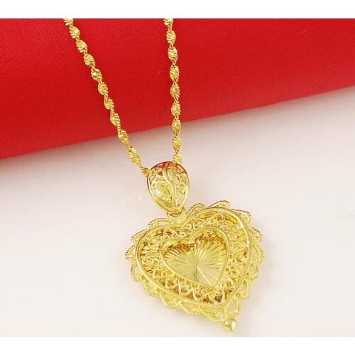 New Vintage Exquisite Heart Pendant 24K Pure Gold Color Necklace Water-wave Chain for Women Ladies Luxury Gold Plating Jewelry