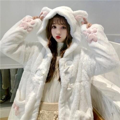 Autumn Winter Women Sweet Lolita Jacket Warm Soft Plush Kawaii Cute Cat Ears Hooded Coats Girls Cartoon Cat Claw Parka Outwear