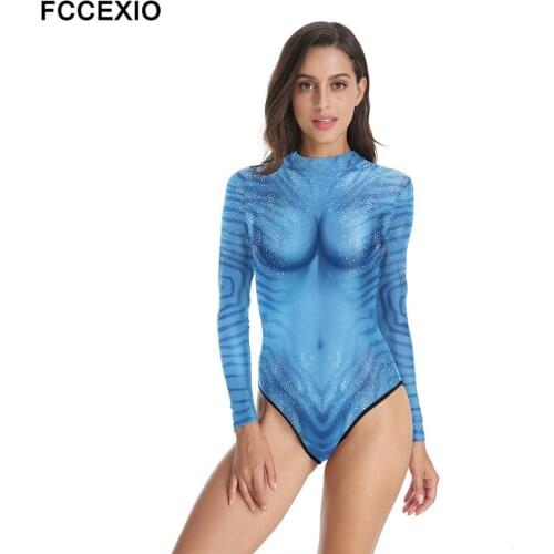 FCCEXIO Blue Zebra Pattern Women One-Piece Swimsuit Summer Casual Long Sleeve Beachwear Bathing Suit Sexy Tight Printed Swimwear