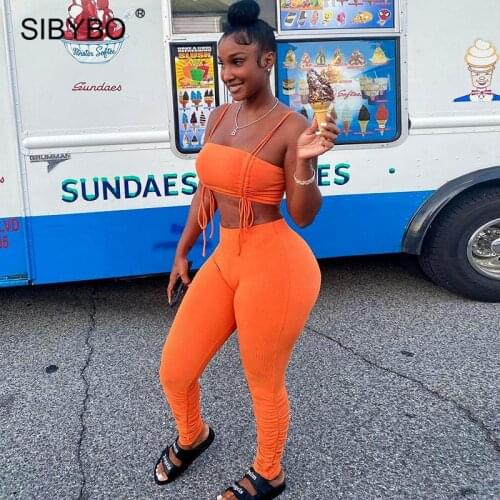 Sibybo Black Knitted Two Piece Set Women Streetwear Sleeveless Y2K Drawstring Crop Top And High Waist Pants Matching Outfit 2021