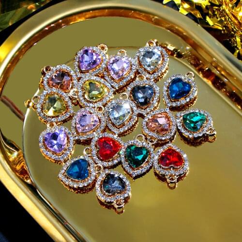 10Pcs/set Heart Charms Pendant 20*20mm Colorful Crystal Full Rhinestone Hearts Charm Accessories For DIY Earrings Making Crafts