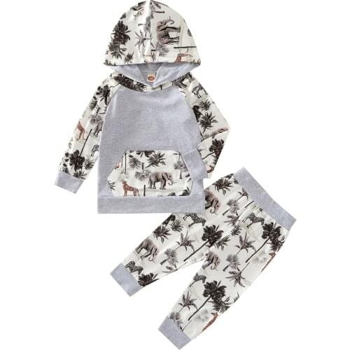 2 Pcs Baby Color Block Outfits, Animal Print Long Sleeve Hoodie with Big Pocket + Trousers 2021 New Fashion