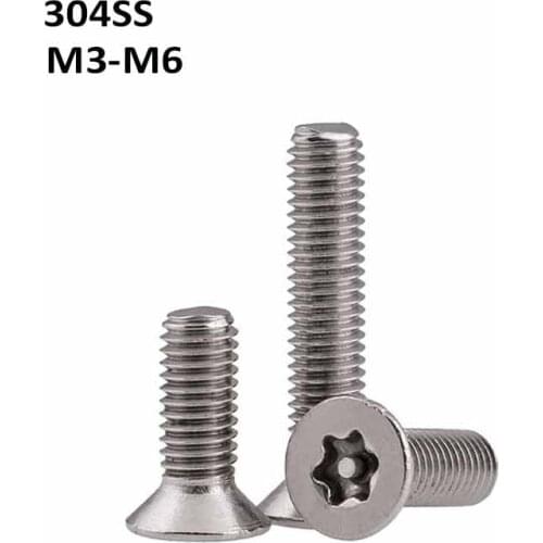 304 Stainless Steel Countersunk Head Six Lobe Torx Screws With Pin Tamper Proof Anti Theft Security Flat Bolts M3 M4 M5 M6